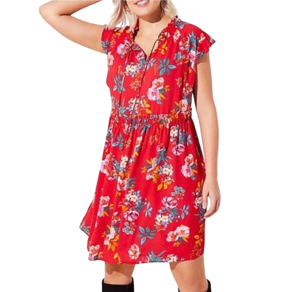 LOFT red floral dress, flutter sleeve, cinched waist, neck tie, lined, XXSP